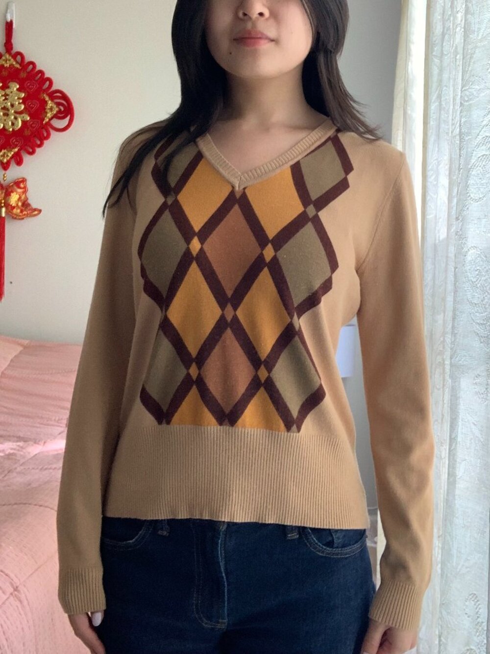 V-Neck Silk Argyle Sweater